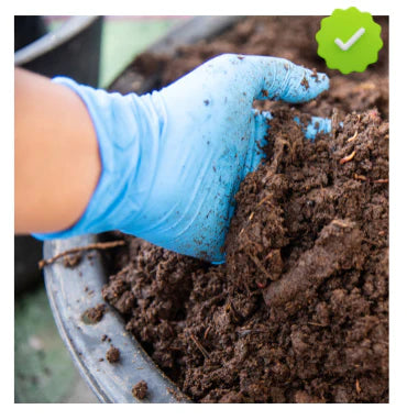 Closeup of a human hand scooping up earth from a planters pot