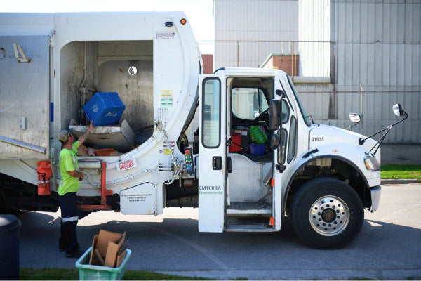 Image of a sanitation worker emptying a blue bin into a recycling truck.