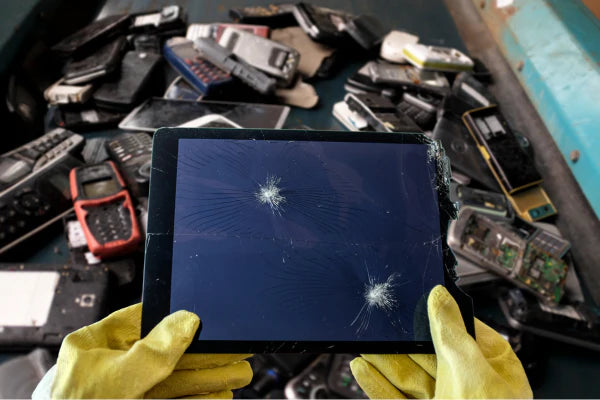 A pile of e-waste. A human in first person view is holding up what looks like an electronic tablet that has two major cracks in the screen.