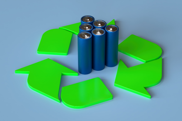 Batteries surrounded by a green 3D recycling graphic